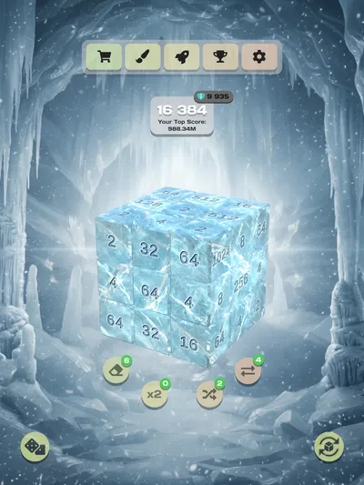 Twist & Merge on iPad: an ice-skinned cube of numbered tiles in a frozen cave
